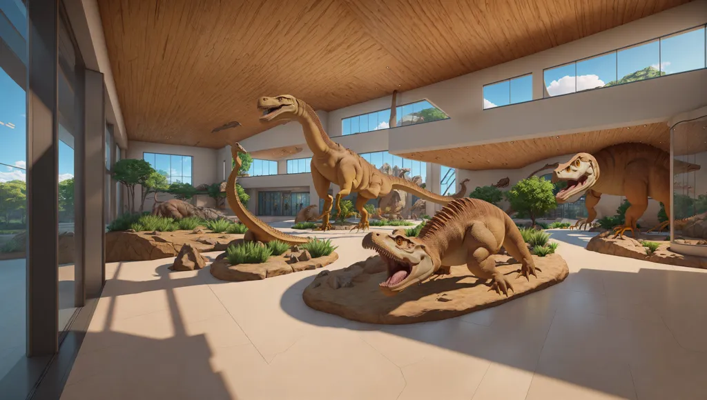 The image shows a modern museum with large glass windows and a wooden ceiling. There are several dinosaur exhibits in the museum, including a large titanosaur, a triceratops, and a raptor. The dinosaurs are all very realistic and life-like. There are also several trees and plants in the museum, which add to the realism of the exhibits. The museum is very spacious and well-lit, and it looks like a great place to learn about dinosaurs.