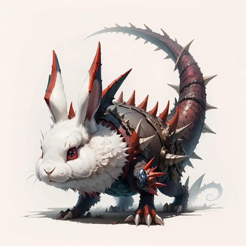 The image is a digital painting of a fantasy creature. It has the body of a rabbit, but with the head and tail of a dragon. The creature is white and red, with large, pointed ears and a long, spiked tail. It is wearing a suit of armor that covers its chest, back, and legs. The armor is made of metal and has a red and gold design. The creature is standing on all fours and is looking at the viewer with its red eyes. The background is a gradient of light gray to white.