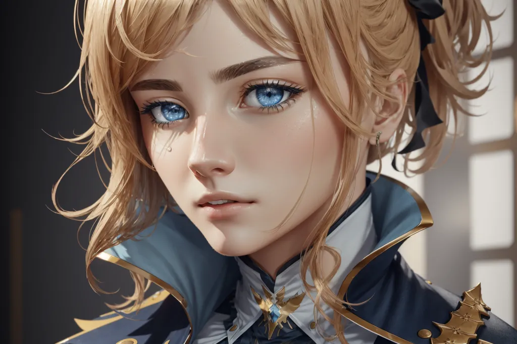 The image is a digital painting of a young woman with blonde hair and blue eyes. She is wearing a blue and gold outfit with a white cravat. The woman has a sad expression on her face and is looking at the viewer with her head tilted slightly to the right. Her blonde hair is tied back in a ponytail and she has a small gold earring in her left ear. The background is a blur of light and dark colors.