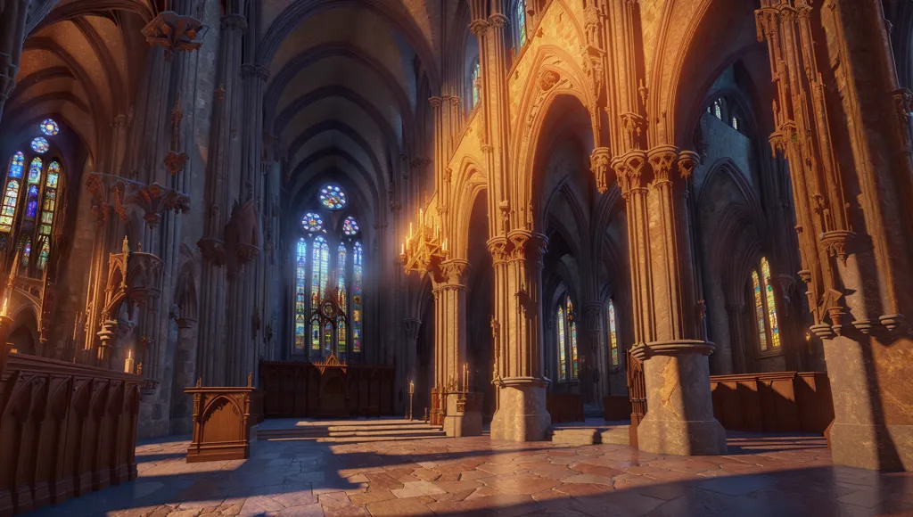 The image is of the interior of a Gothic cathedral. The ribbed gewelbedecke is supported by clustered columns. The walls are lined with stained glass windows. The floor is covered in stone tiles. There is a wooden altar at the front of the cathedral. The cathedral is lit by the sun shining through the stained glass windows.