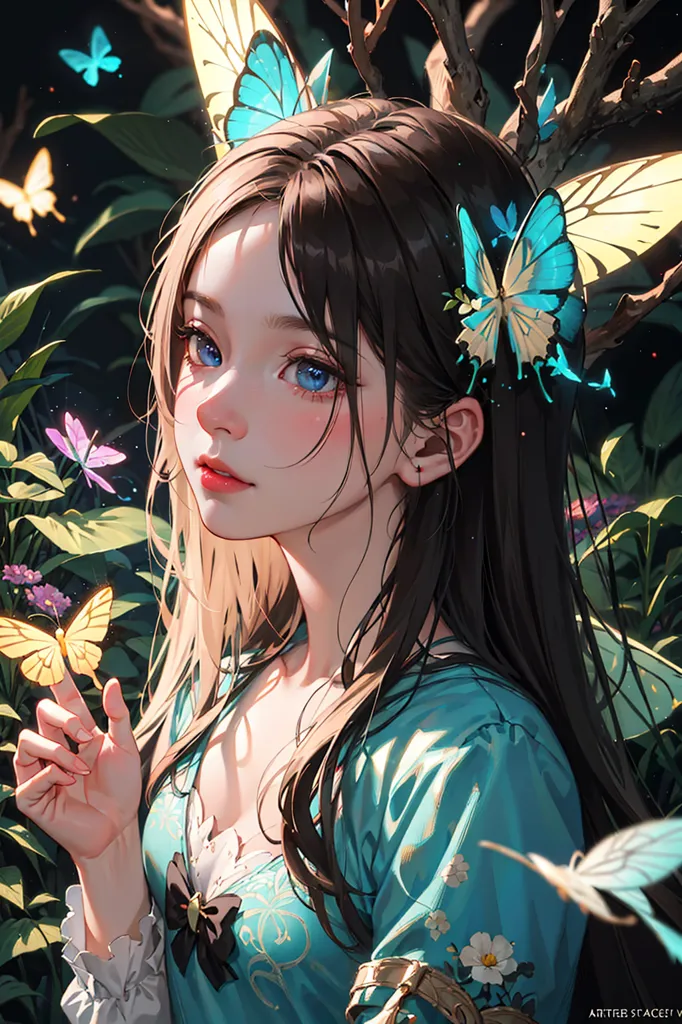 The picture shows a beautiful girl with long brown hair. She has blue eyes and a gentle smile. She is wearing a blue dress with a white camisole. There are butterflies in her hair and on her dress. The girl is standing in a forest, surrounded by flowers and plants. There is a large tree behind her. The picture is very detailed and realistic. The girl's skin is smooth and flawless, and her hair is soft and shiny. The butterflies are delicate and colorful. The flowers and plants are lush and green. The picture is full of life and beauty.