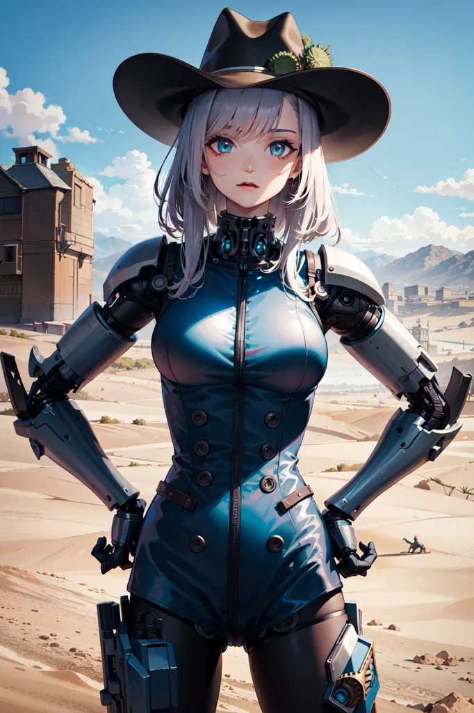 Esta é uma imagem de uma cowgirl robótica. Ela está usando um traje azul com botões prateados e um chapéu de cowboy marrom. Ela tem cabelos brancos e olhos azuis. Ela está em pé em um deserto com uma cidade ao fundo. Há um cavalo atrás dela.