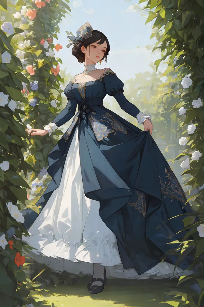 La imagen es una pintura de una mujer joven con un vestido azul y blanco. Ella está de pie en un jardín, rodeada de flores y plantas. La mujer lleva un sombrero azul y un velo blanco. Tiene el cabello largo y castaño y ojos marrones. La pintura está hecha en un estilo realista, y el artista ha prestado mucha atención al detalle. El vestido de la mujer está hecho de un tejido fino, y las flores están pintadas con gran cuidado. El fondo de la pintura es un borrón de hojas verdes, lo que ayuda a crear una sensación de profundidad. La pintura es un retrato hermoso y sereno de una mujer joven.