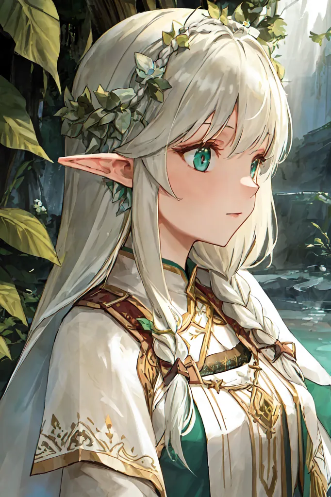 The image is of an anime-style elf girl with long white hair and green eyes. She is wearing a white and green dress with a brown belt and a white cape. She has a circlet of flowers on her head and is standing in a forest with a river in the background.