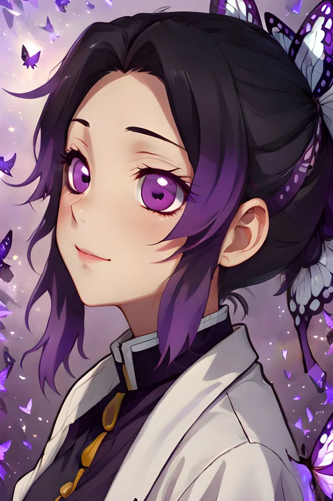 The image is of a young woman with long, dark hair and purple eyes. She is wearing a white and purple kimono with a butterfly pattern. There are also butterflies in her hair and around her. The background is a light purple color. The woman has a gentle smile on her face.