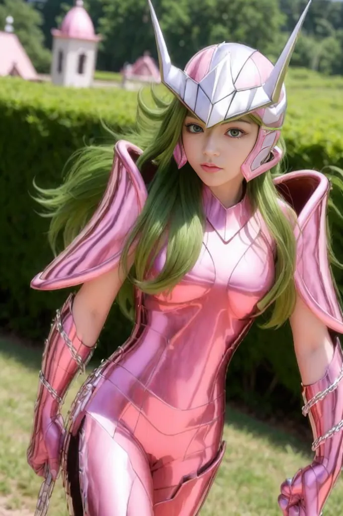 The image shows a young woman dressed in a pink and silver armor. She has long green hair and green eyes. She is standing in a grassy field, with a building in the background.