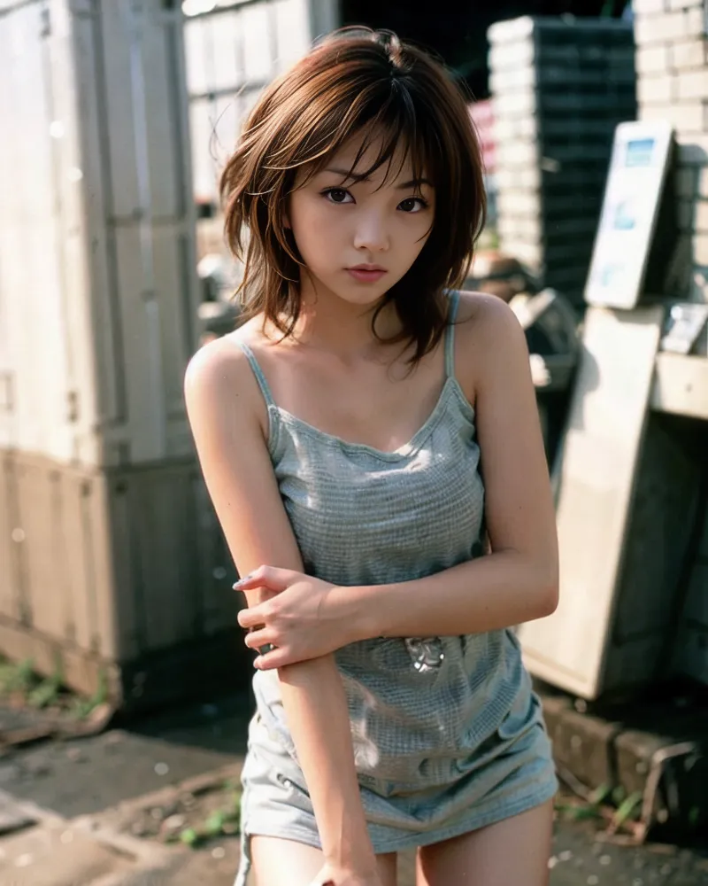 The image shows a young woman with short brown hair and brown eyes. She is wearing a gray tank top and denim shorts. She is standing in front of a gray wall with her arms crossed. The image is taken from a low angle, which makes the woman look taller and more imposing. The woman's expression is serious and confident. She is looking directly at the camera, which suggests that she is aware of being photographed and is comfortable with it. The image is well-lit, which brings out the details of the woman's face and clothing. The background is blurred, which helps to focus attention on the woman. The image is a portrait, which is a type of photograph that focuses on the subject's face and expression. The woman's pose and expression suggest that she is confident and self-assured. The image is a good example of portrait photography.