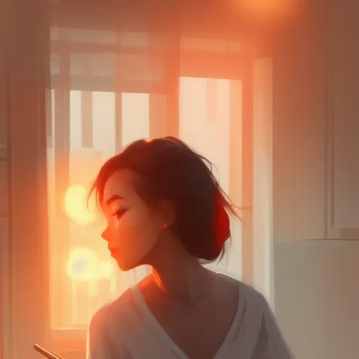 The image is a painting of a young woman looking at her phone. She is standing in a kitchen, with a window behind her. The window is letting in a lot of light, which is casting a warm glow over the woman. The woman is wearing a white shirt and has her hair tied back in a ponytail. She is holding her phone in her right hand and is looking at it with a focused expression. The painting is done in a realistic style, and the artist has used a variety of techniques to create a sense of depth and realism. The overall effect is a beautiful and evocative painting that captures a moment in time.