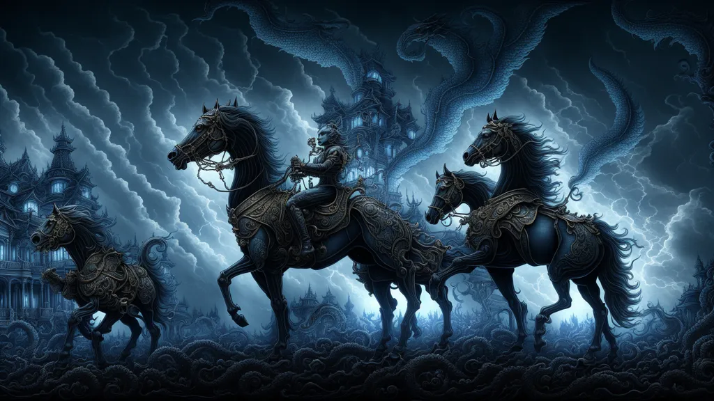 The image is a dark fantasy painting. It depicts a group of four horsemen riding on black horses. The horses are all rearing up and they have their mouths open and are breathing fire. The riders are all wearing black armor and they have their faces hidden by helmets. The background is a dark, stormy sky and there is a large, ruined castle in the distance.