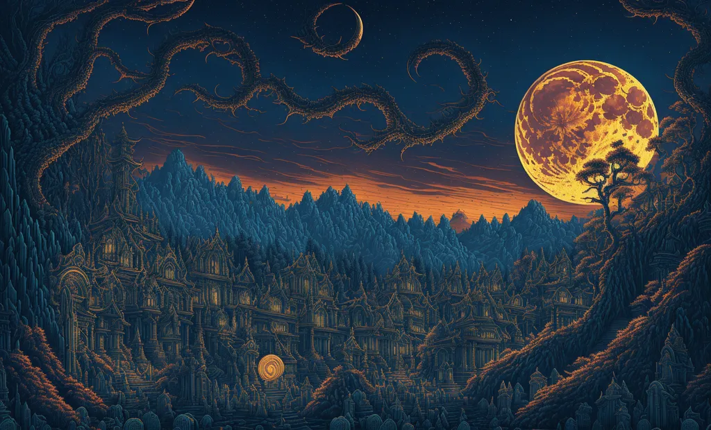 The image is a digital painting of a city in a valley. The city is surrounded by mountains and there is a large moon in the sky. The moon is orange and there are some stars in the sky. The city is made up of many different buildings and there are some trees and plants in the foreground. The painting is done in a realistic style and the colors are very vibrant.