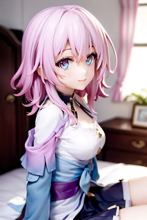 A imagem mostra uma garota em estilo anime com cabelos rosa e olhos azuis. Ela está usando um vestido branco e roxo com um laço azul. Ela está sentada em uma cama e tem um sorriso suave no rosto. O fundo é um quarto com uma janela e uma cortina.