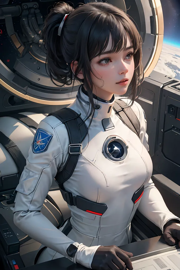 L'image montre une jeune fille en combinaison spatiale assise dans un vaisseau spatial. Elle a les cheveux bruns et les yeux bruns, et elle porte une combinaison blanche avec un motif rouge et noir. La combinaison a un patch sur le bras gauche avec un fond bleu et un cercle blanc avec des étoiles et une lune croissante. Elle est assise sur un siège, les mains sur un panneau de contrôle. Il y a une fenêtre derrière elle montrant la Terre.