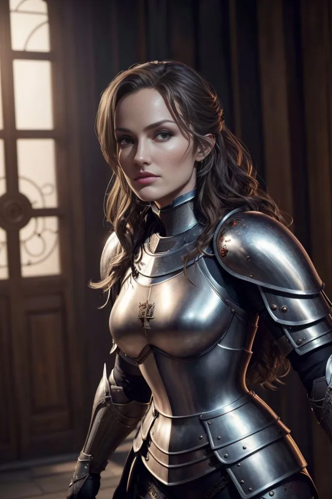 This image shows a woman in medieval armor. She is standing in a room with a dark background. The woman is wearing a silver breastplate with a red cross on the front. She is also wearing a helmet, and her hair is flowing out from underneath it. She has a sword in her right hand. The woman's expression is serious and determined.