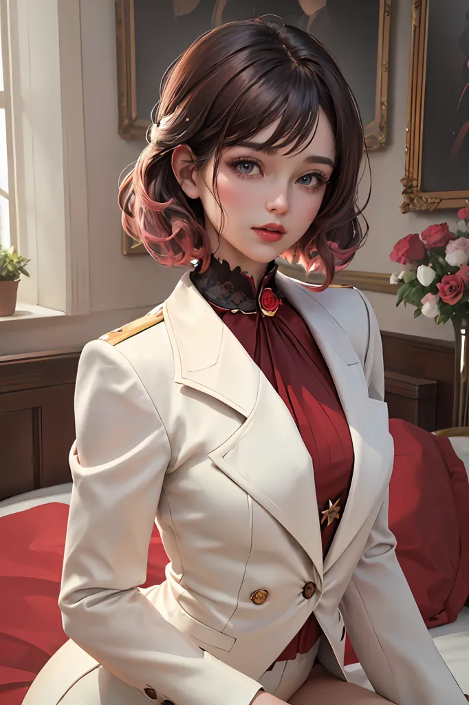 The image shows a young woman with short brown hair and pink highlights. She is wearing a white military-style jacket with gold buttons and a red cravat. There is a rose pin on the lapel of her jacket. She is sitting on a red velvet chaise lounge in a room with a dark wood floor. There is a vase of pink roses on a table behind her.