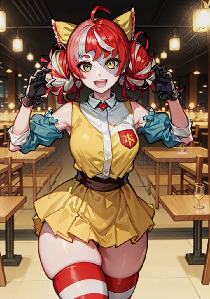 This is an image of a young woman with red and white hair. She is wearing a yellow and white outfit with a red tie. She has cat ears and green eyes. She is standing in a restaurant with a happy expression on her face.