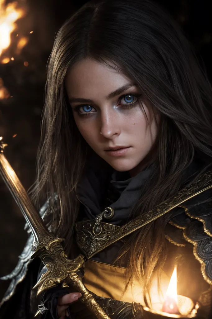 This is an image of a young woman with long brown hair and blue eyes. She is wearing a black and gold breastplate and a black scarf. She is holding a sword in her right hand and a candle in her left hand. There is a fire burning in the background. The woman's expression is serious and determined.