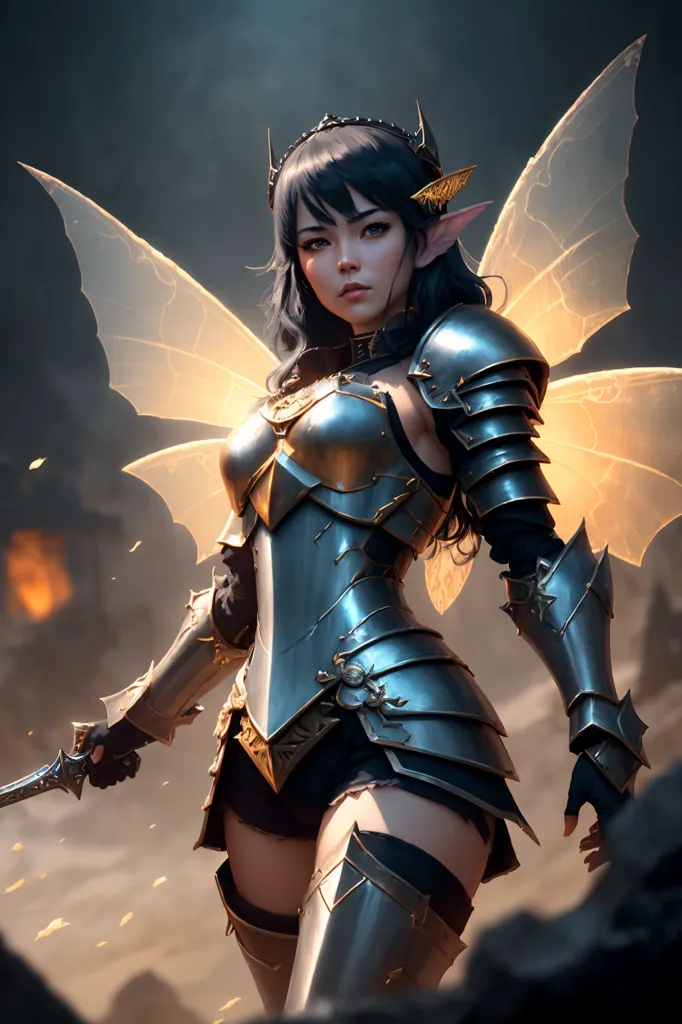 The image is of a dark-haired female fairy warrior. She is wearing silver and gold armor and has a sword in her hand. She has fairy wings that are a light blue color. She is standing in a dark, smoky place.