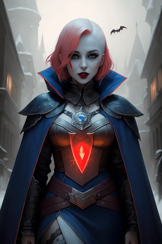 The image is of a female vampire. She has pale skin, red eyes, and short pink hair. She is wearing a black and red dress with a high collar. The dress is trimmed with silver and has a red jewel in the center. She is also wearing a cape and a pair of boots. The vampire is standing in a dark alleyway. There is a bat flying behind her. The alleyway is lit by a few torches. The vampire is looking at the viewer with a cold express