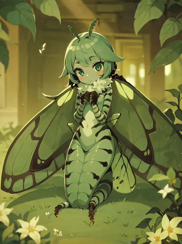 The image is of a small, green moth girl with long, flowing hair. She is wearing a white dress with a green sash and has a pair of large, green wings. She is sitting on a leaf in a forest, surrounded by flowers. The moth girl is looking at the viewer with a shy smile on her face.