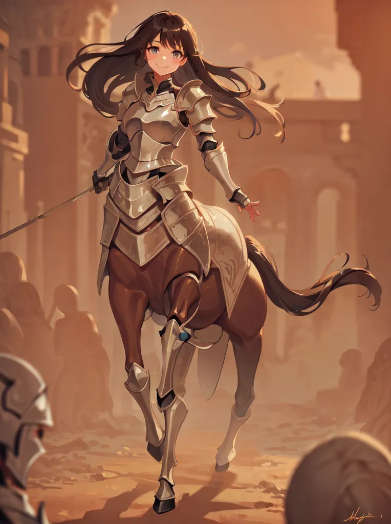 This image shows a centaur, a half-human, half-horse creature. The centaur is female, with long brown hair and brown eyes. She is wearing silver armor and is carrying a spear in her right hand. She has a confident smile on her face and is walking towards the viewer. The background is a blur of brown and yellow-colored ruins.