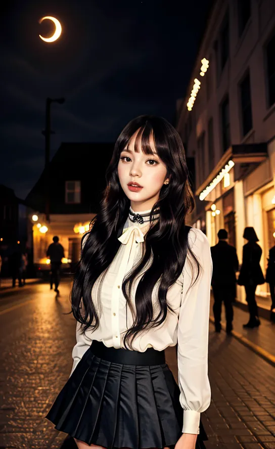 A young woman is standing in a street at night. She is wearing a white blouse, a black skirt, and a black bow around her neck. Her long black hair is styled with bangs and her makeup is flawless. The street is lit by a crescent moon and there are people walking in the background.