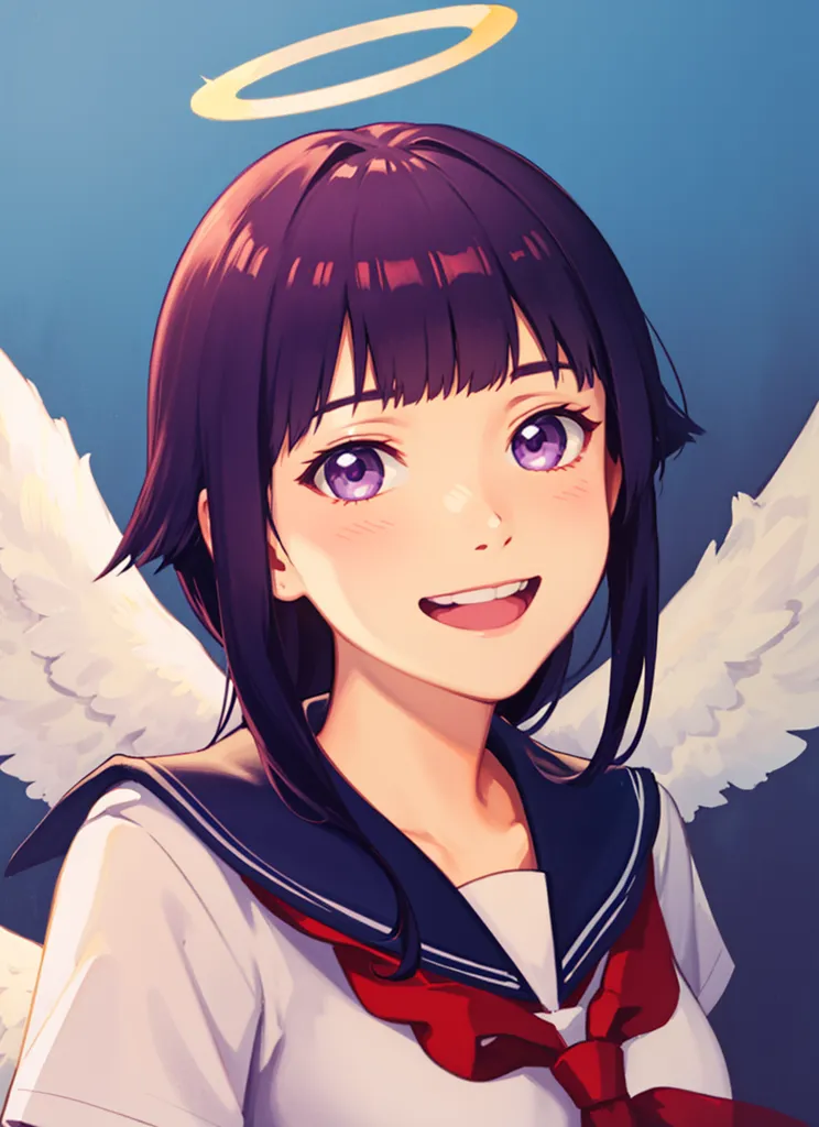 The image shows an anime-style girl with purple hair and purple eyes. She is wearing a white and blue school uniform with a red ribbon. She has a halo above her head and white wings behind her. She is smiling happily. The background is a light blue color.