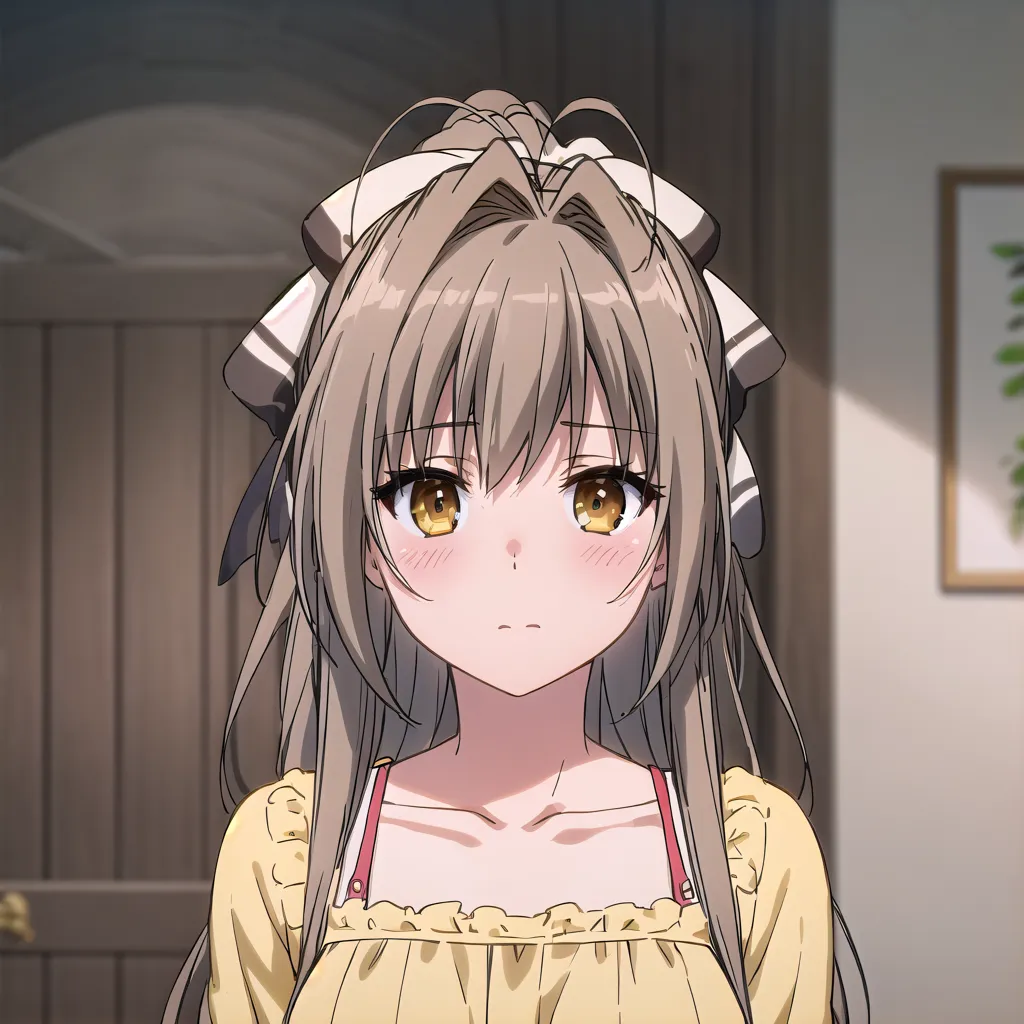 The image shows a young girl with long brown hair and yellow eyes. She is wearing a yellow dress with a white collar. There is a small pink blush on her cheeks. She has a small, worried expression on her face. She is standing in a room with a wooden door behind her.