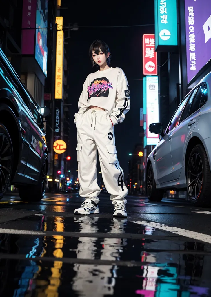 A young woman is standing in the middle of a wet street at night. She is wearing a white sweatshirt and white pants. The sweatshirt has a black and purple design on the front. The pants have black and purple stripes on the side. She is wearing black and white sneakers. There are cars parked on both sides of the street. The cars are black and white. The street is wet and there are reflections of the lights on the street. The woman is looking at the camera.