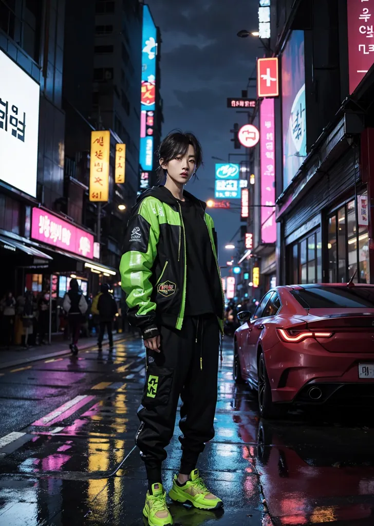 Una joven está de pie en una calle oscura de la ciudad. Lleva una chaqueta negra con rayas verdes y blancas. También lleva pantalones negros y zapatos verdes. La calle está mojada por la lluvia, y las luces de neón de la ciudad se reflejan en los charcos. Hay un coche deportivo rojo aparcado a un lado de la calle.