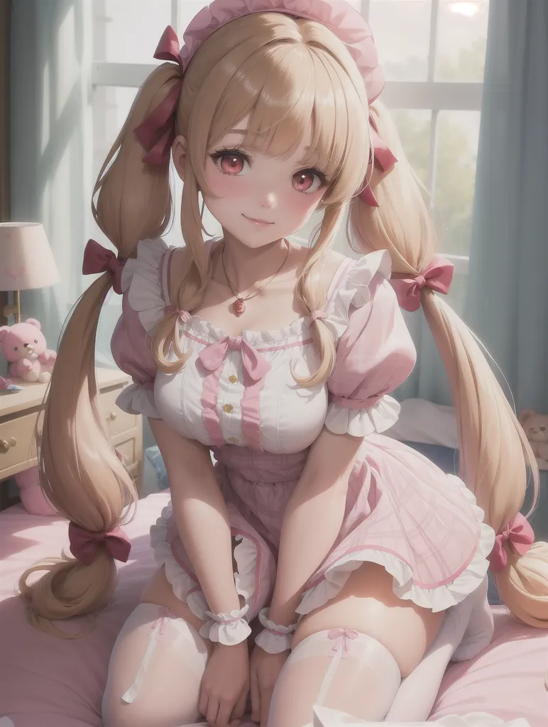 The image depicts a young woman with long blonde hair and pink eyes. She is wearing a pink maid outfit with a white apron. She is kneeling on a bed with a pink and white checkered pattern. There is a teddy bear on the bed behind her. The woman has a shy smile on her face and is looking at the viewer.