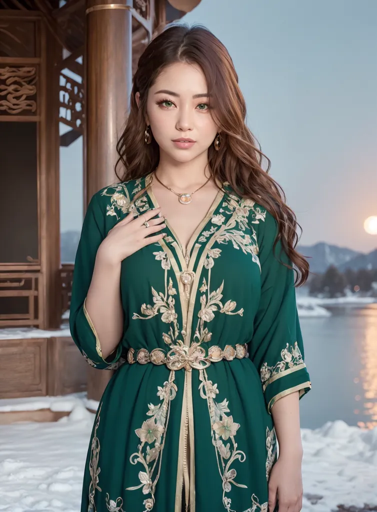 The image shows a woman wearing a green dress with golden embroidery. The dress has a plunging neckline and is cinched at the waist with a golden belt. The woman has long, wavy hair and is wearing a necklace and earrings. She is standing in front of a traditional Chinese building with a lake in the background.