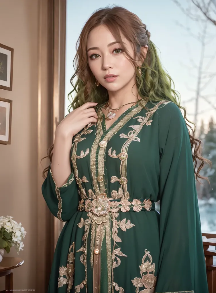 The image shows a young woman wearing a green dress with golden embroidery. The dress has a V-neck and long sleeves. The woman has long green hair and green eyes. She is wearing a necklace and a belt with golden embroidery. She is standing in front of a window. There are some flowers on a table to her right.