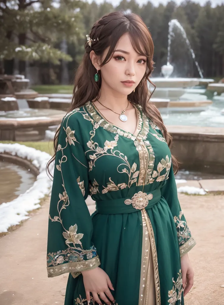 The image shows a young woman wearing a green dress with gold and silver embroidery. The dress has a high collar and a long skirt. The woman is also wearing a necklace and earrings. Her hair is long and brown, and she is wearing a green headband with a gold flower. The woman is standing in a snowy park with a fountain in the background.