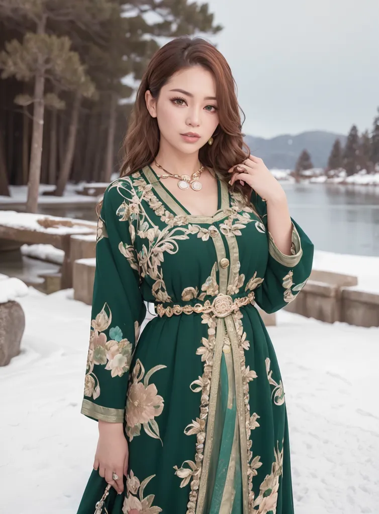 The image shows a woman wearing a green dress with golden embroidery. The dress has a collar and is belted at the waist with a golden belt. The woman is standing in a snowy forest and there is a lake in the background.