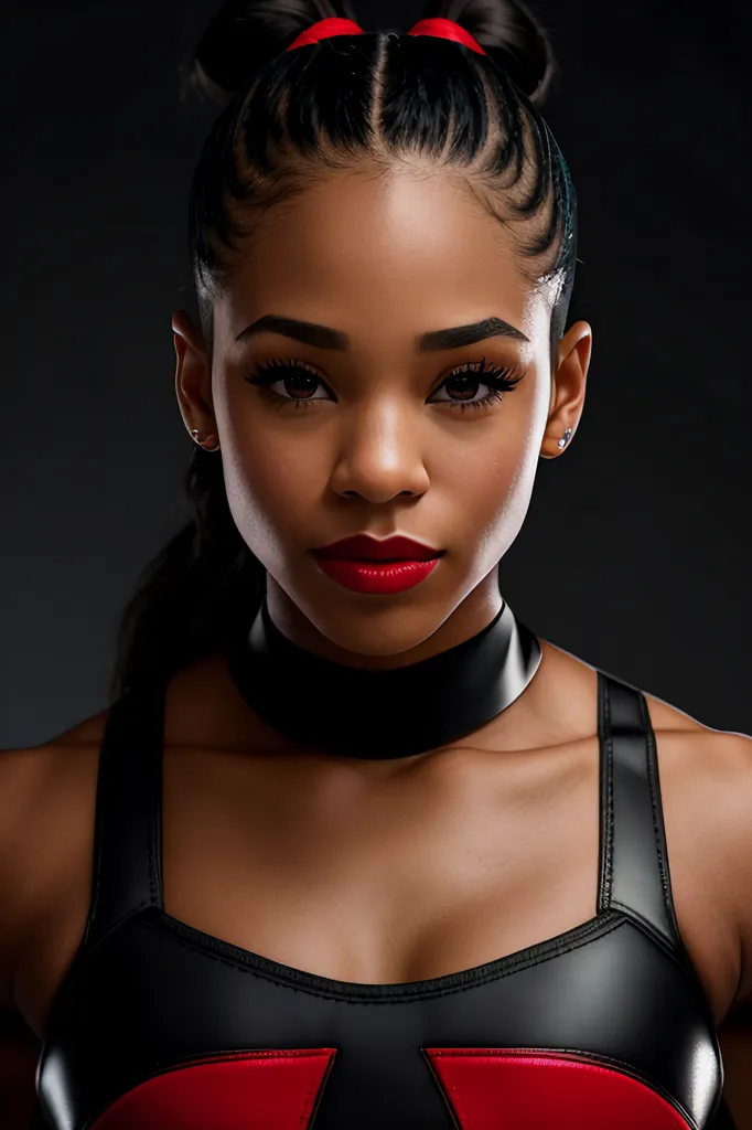 This is a picture of a young woman, with dark brown skin, dark brown eyes, and long black hair styled in two buns on the top of her head. She is wearing a black choker and a black sports bra with red trim. She is looking at the camera with a serious expression.