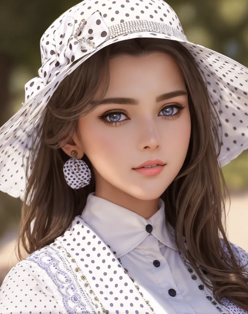 The image shows a beautiful young woman wearing a stylish hat and a white blouse with polka dots. The hat has a wide brim and is decorated with a black polka dot pattern and a black ribbon. The blouse has a collar and is buttoned up the front. The woman has long, wavy brown hair and blue eyes. She is wearing light makeup and has a soft smile on her face. The background is blurred and looks like a park.