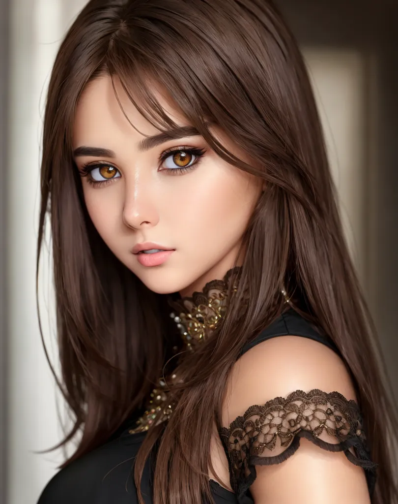 The image shows a young woman with long, brown hair and brown eyes. She is wearing a black dress with a white lace collar. The dress has off-the-shoulder sleeves. The woman is looking at the viewer with a serious expression. She is wearing a necklace with a gold pendant. Her hair is parted in the middle and her eyebrows are arched. The background is blurred.