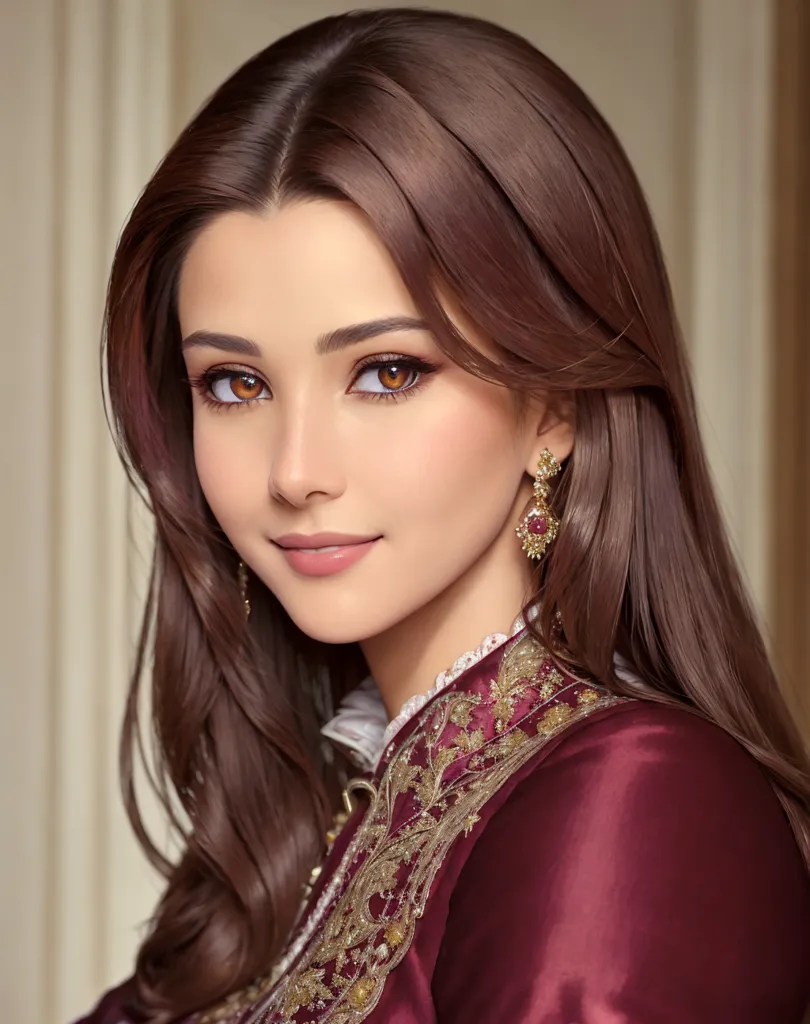 The image shows a young woman with long, flowing brown hair. Her eyes are a light brown color, and she has long, dark eyelashes. Her skin is fair and flawless. She is wearing a red and gold dress with a white collar. The dress is embroidered with gold thread, and she is wearing a gold necklace and earrings. Her hair is styled in a half-up, half-down style, and she has a small smile on her face. She is standing in front of a white background, and the light is shining on her face.