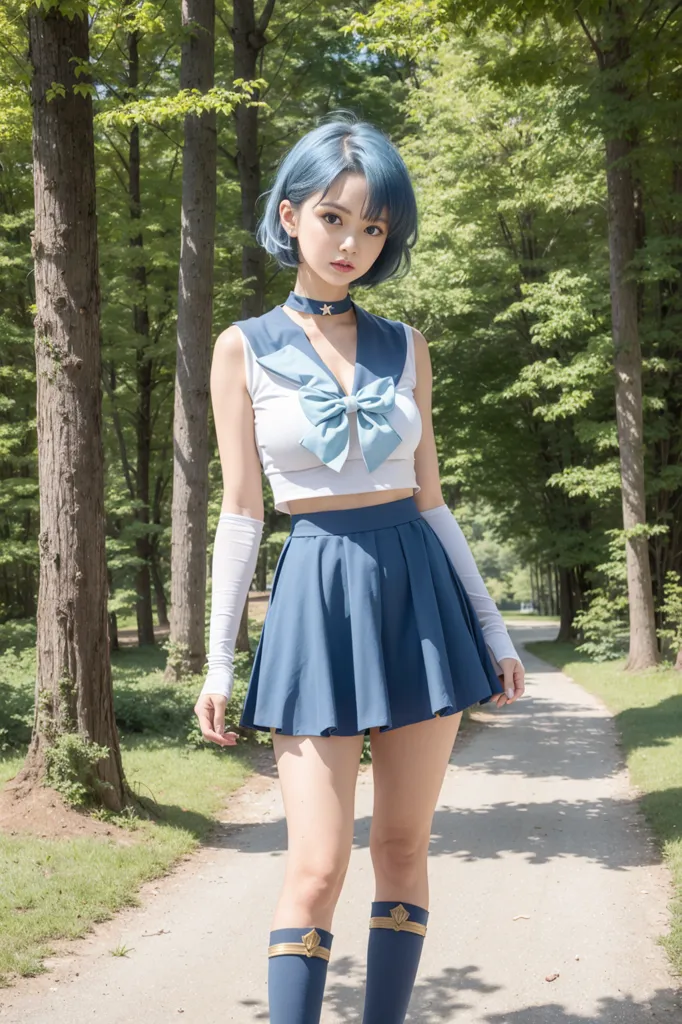 The image shows a young woman with short blue hair, wearing a white and blue sailor fuku-style outfit. She is standing in a park, surrounded by trees. The woman is looking at the camera with a serious expression. She is wearing a white choker with a blue gem in the center. Her skirt is pleated and she is wearing white gloves that go up to her elbows. She is also wearing blue socks and brown boots.