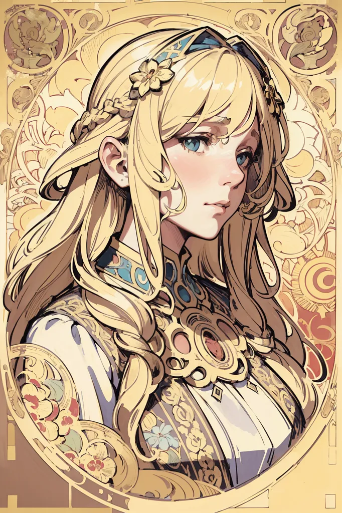 The picture shows a young woman with long blond hair and blue eyes. She is wearing a white dress with a blue sash and a gold necklace. There are flowers in her hair and around her neck. The background is a gold color with a floral pattern. The image is in an Art Nouveau style.