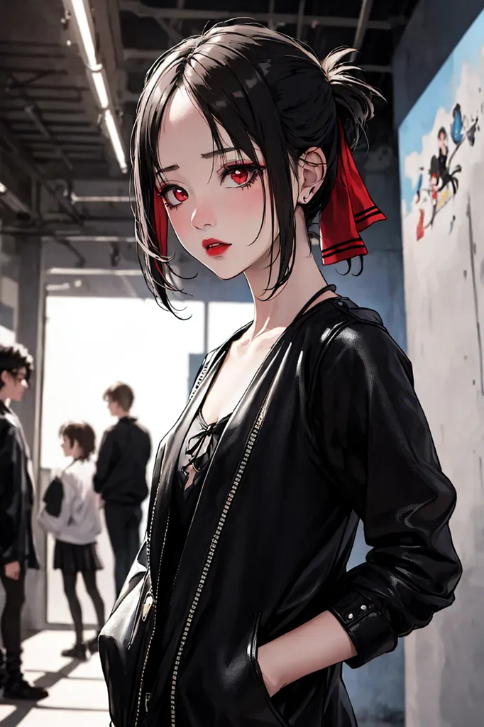 The image is a portrait of a young woman with long black hair and red eyes. She is wearing a black leather jacket, a white shirt, and a red bow in her hair. She has a serious expression on her face and is looking at the viewer with her right hand in her pants pocket. There are blurred figures of people in the background.