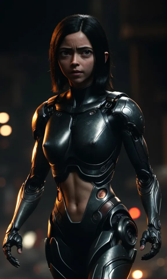 The image shows a female character with dark hair and dark eyes. She is wearing a black and grey bodysuit that covers her torso and arms. The bodysuit has a metallic sheen and there are several small orange lights on it. The character is also wearing a pair of black boots. She has a serious expression on her face and is looking at the viewer with her head tilted a bit downwards at an angle.