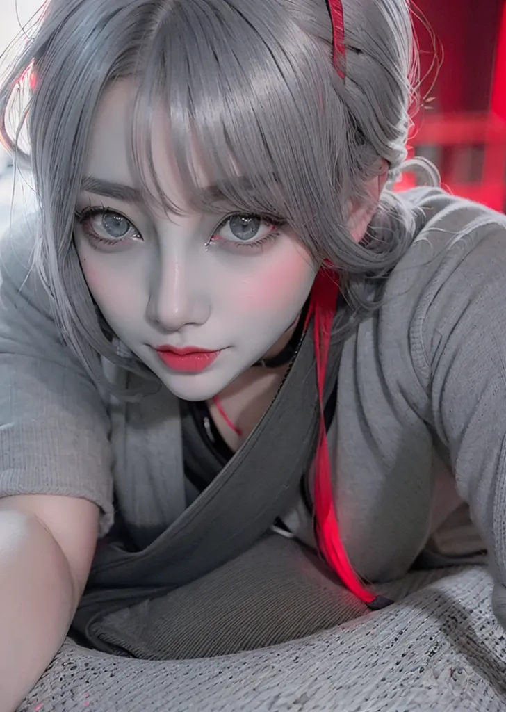 The image shows a young woman with gray hair and red eyes. She is wearing a gray shirt and has a red ribbon in her hair. She is lying on a bed and looking at the camera. The background is blurred.