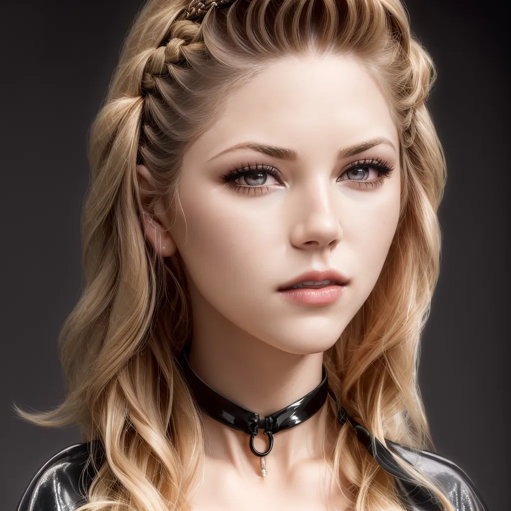 The image shows a young woman with long, wavy blonde hair. There are two braids on the top of her head. She has fair skin and light blue eyes. She is wearing a black choker with a silver pendant. She is looking at the viewer with a serious expression.