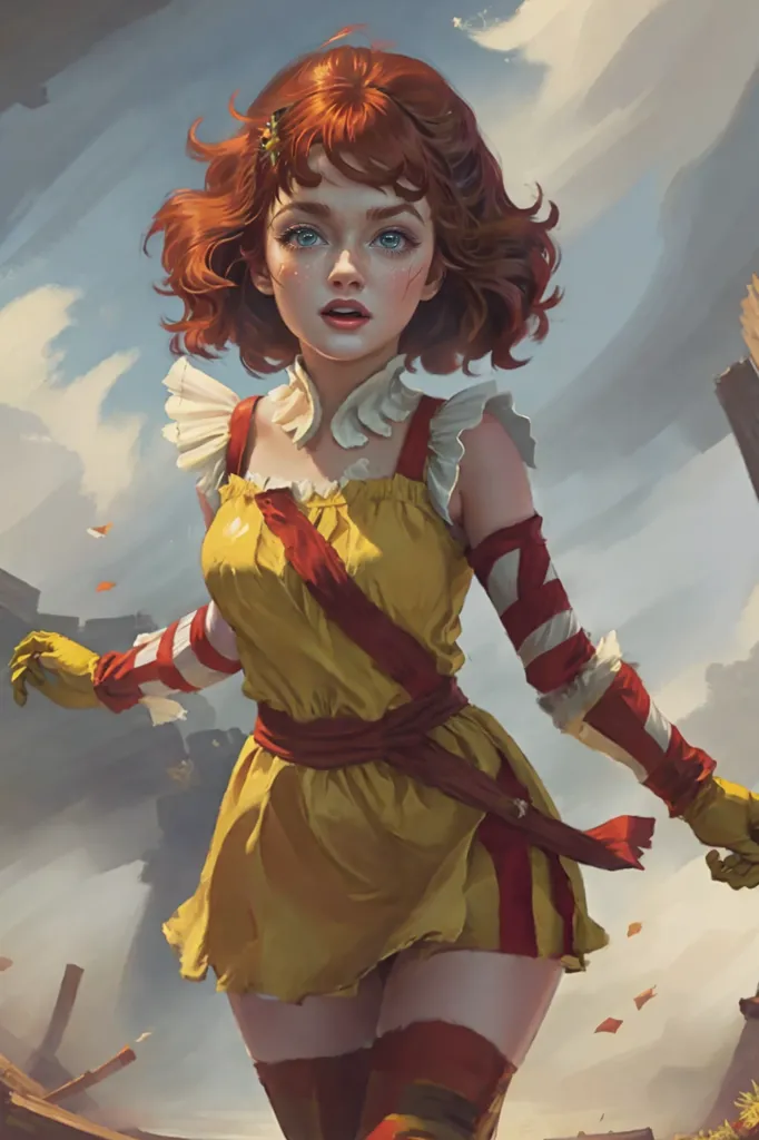 This image shows a young woman with bright red hair and blue eyes. She is wearing a yellow dress with a white collar and red sash. The dress has puffy sleeves and a pleated skirt. She is also wearing a pair of white gloves and a red headband. She is standing in a field of wheat, and there are ruins of a city in the background.