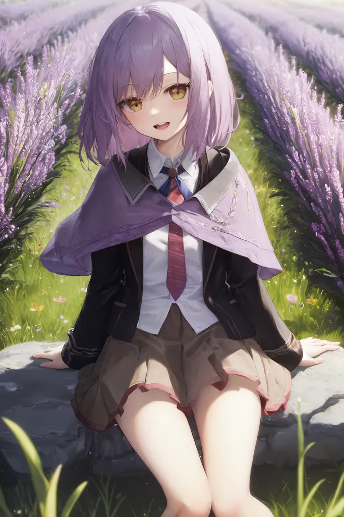 The image shows an anime girl with purple hair and yellow eyes. She is wearing a white shirt, a brown skirt, a black jacket, and a purple tie. She is sitting on a rock in a field of lavender. The sun is shining, and there are clouds in the sky.