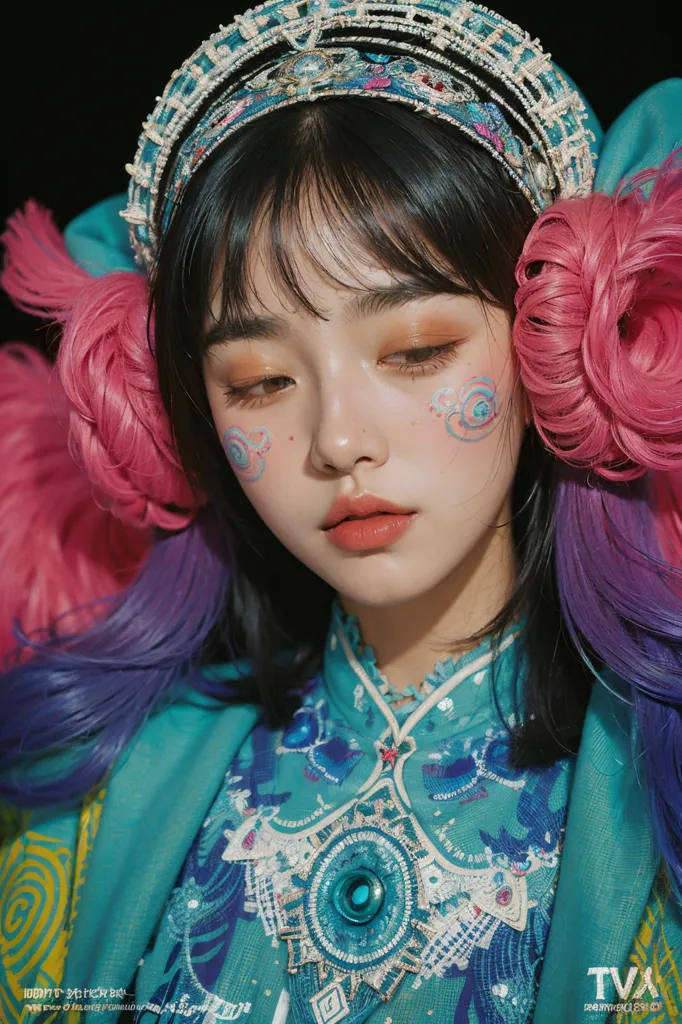 A imagem mostra uma jovem mulher com cabelos escuros usando um tradicional chapéu chinês. O chapéu é feito de flores rosa e azuis e tem uma grande gema azul no centro. O cabelo da mulher está penteado em um coque e ela tem blush rosa nas bochechas. Ela está usando uma blusa azul e verde com um colarinho branco. A blusa é bordada com desenhos intrincados. A mulher olha para a câmera com uma expressão séria.