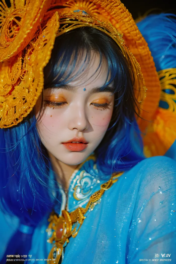 The picture shows a young woman with long blue hair. She is wearing a blue and gold traditional Chinese dress with an elaborate headdress. The woman has fair skin and light makeup. She is looking down with a serene expression. The background is a blur of color.