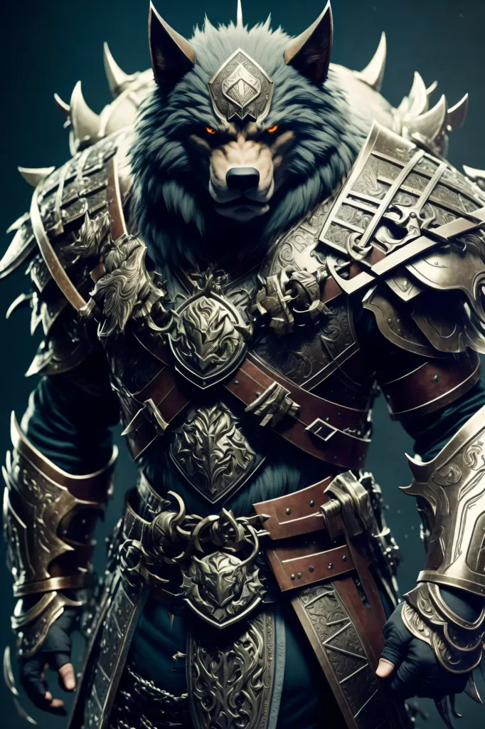 The image is a digital painting of a werewolf. The werewolf is standing on a dark background and is wearing armor. The armor is made of metal and has intricate designs on it. The werewolf's fur is black and gray, and its eyes are glowing red. The werewolf's teeth are bared, and it looks like it is ready to attack.