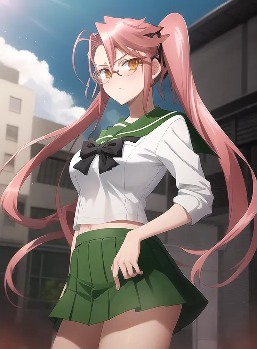 The image contains a young woman with pink hair and yellow eyes. She is wearing a white shirt, a green skirt, and glasses. She is standing in a confident pose with one hand on her hip. The background is a blurred cityscape.